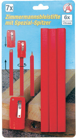 Zimmermannsbleistifte mit Spezial-Spitzer, 7-tlg. – Produktbild